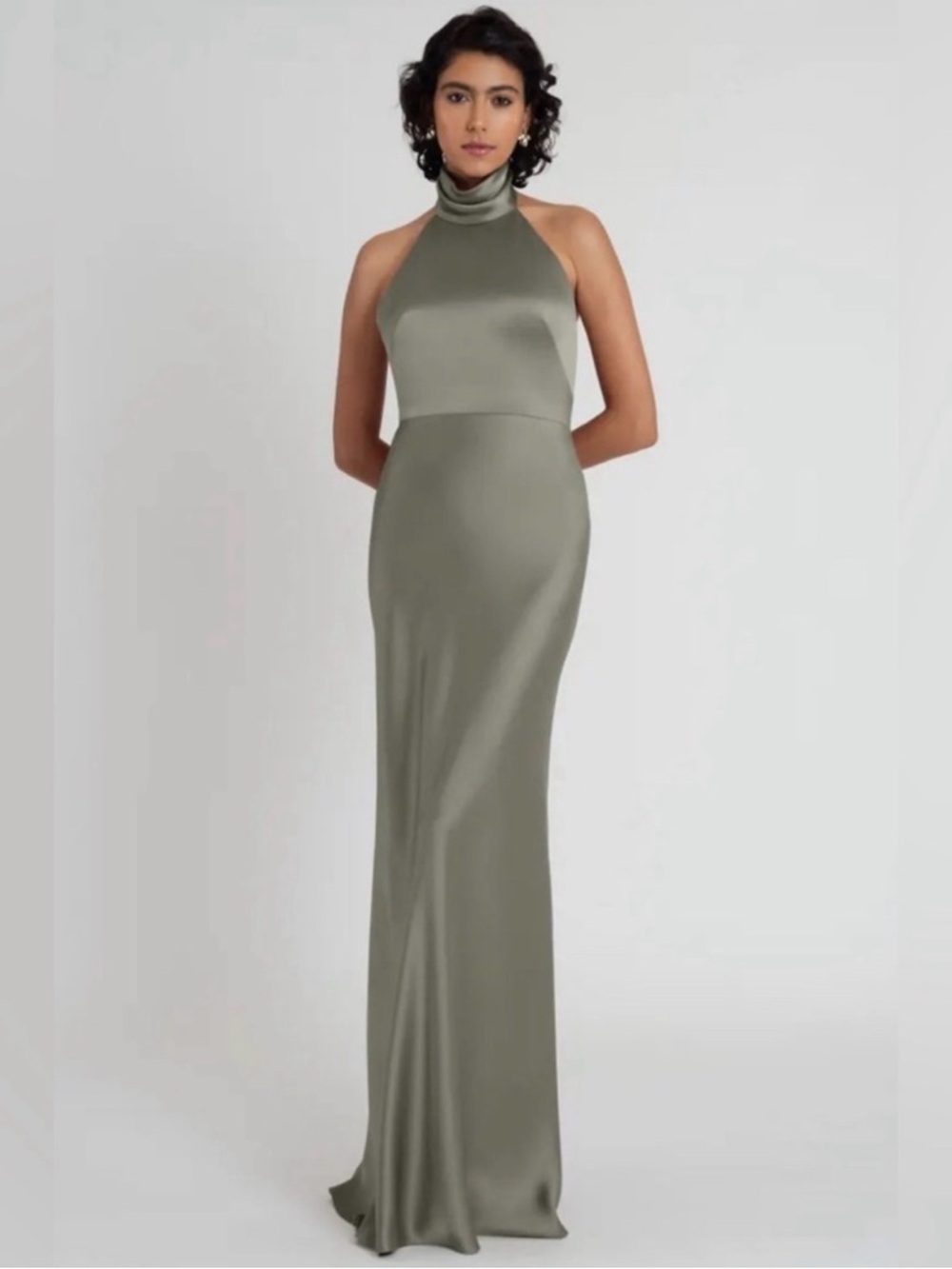 Jenny Yoo Nicole Dress High-Neck Satin Maxi Gown Moss